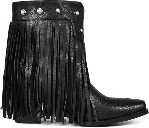 Tscoyuki Fringe The Western Cowgirl أحذية رعاة البقر للنساء بمقدمة مدببة وكعب منخفض مكتنز حذاء الكاحل أنيق سهل الارتداء في الريف والحفلات الموسيقية منتصف الساق in Kuwait