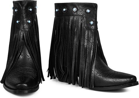 Tscoyuki Fringe The Western Cowgirl أحذية رعاة البقر للنساء بمقدمة مدببة وكعب منخفض مكتنز حذاء الكاحل أنيق سهل الارتداء في الريف والحفلات الموسيقية منتصف الساق in Kuwait