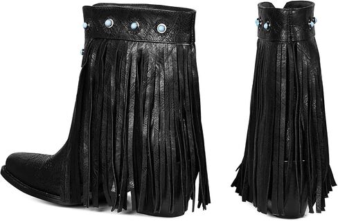 Tscoyuki Fringe The Western Cowgirl أحذية رعاة البقر للنساء بمقدمة مدببة وكعب منخفض مكتنز حذاء الكاحل أنيق سهل الارتداء في الريف والحفلات الموسيقية منتصف الساق in Kuwait