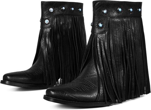 Tscoyuki Fringe The Western Cowgirl أحذية رعاة البقر للنساء بمقدمة مدببة وكعب منخفض مكتنز حذاء الكاحل أنيق سهل الارتداء في الريف والحفلات الموسيقية منتصف الساق in Kuwait