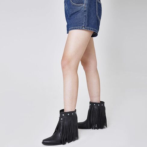 Tscoyuki Fringe The Western Cowgirl أحذية رعاة البقر للنساء بمقدمة مدببة وكعب منخفض مكتنز حذاء الكاحل أنيق سهل الارتداء في الريف والحفلات الموسيقية منتصف الساق in Kuwait