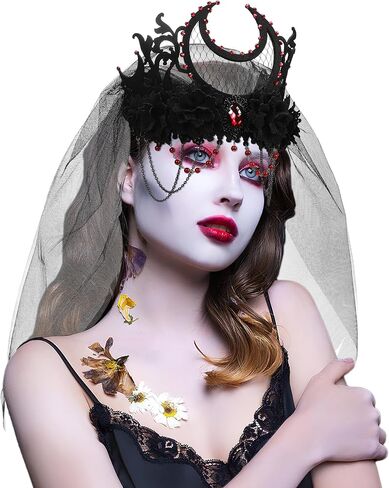 ZOOS هالوين عقال للنساء، يوم الموتى غطاء الرأس الأسود روز زهرة تاج عقال مع الدانتيل الأسود الحجاب القوطية الساحرة تاج تأثيري شبح العروس حزب هالوين زي غطاء الرأس للفتيات in Kuwait