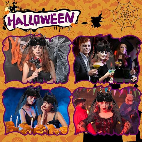 ZOOS هالوين عقال للنساء، يوم الموتى غطاء الرأس الأسود روز زهرة تاج عقال مع الدانتيل الأسود الحجاب القوطية الساحرة تاج تأثيري شبح العروس حزب هالوين زي غطاء الرأس للفتيات in Kuwait