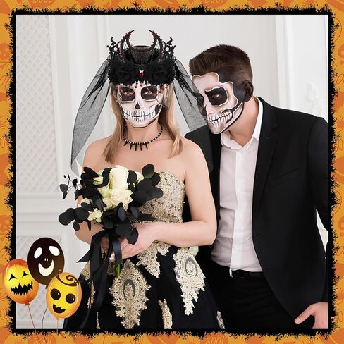 ZOOS هالوين عقال للنساء، يوم الموتى غطاء الرأس الأسود روز زهرة تاج عقال مع الدانتيل الأسود الحجاب القوطية الساحرة تاج تأثيري شبح العروس حزب هالوين زي غطاء الرأس للفتيات in Kuwait