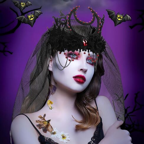 ZOOS هالوين عقال للنساء، يوم الموتى غطاء الرأس الأسود روز زهرة تاج عقال مع الدانتيل الأسود الحجاب القوطية الساحرة تاج تأثيري شبح العروس حزب هالوين زي غطاء الرأس للفتيات in Kuwait