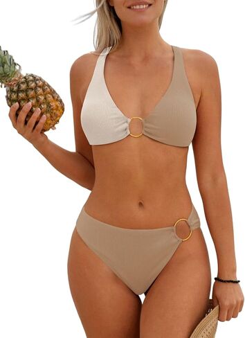 CALSUZ Women Two Piece Bikini Set Tie Back Bathing Suit O-Ring High Waisted Swimsuit Top with Bottom in Saudi Arabia
