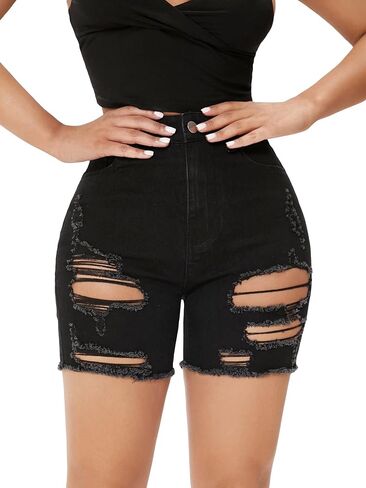 MakeMeChic Women's Petite Ripped Skinny Jean Shorts High Waist Stretch Distressed Rolled Denim Shorts in Saudi Arabia