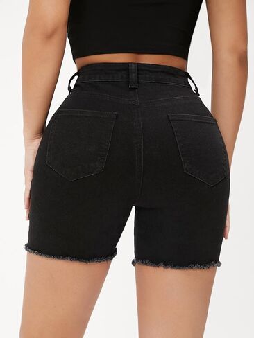MakeMeChic Women's Petite Ripped Skinny Jean Shorts High Waist Stretch Distressed Rolled Denim Shorts in Saudi Arabia
