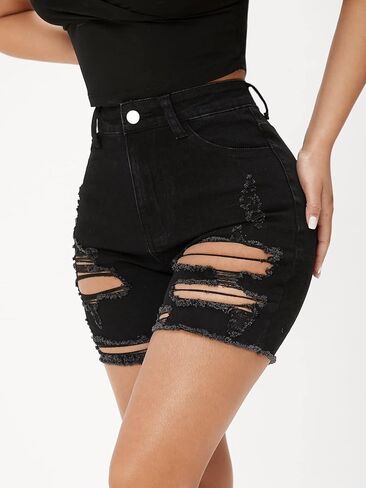 MakeMeChic Women's Petite Ripped Skinny Jean Shorts High Waist Stretch Distressed Rolled Denim Shorts in Saudi Arabia