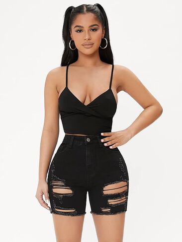 MakeMeChic Women's Petite Ripped Skinny Jean Shorts High Waist Stretch Distressed Rolled Denim Shorts in Saudi Arabia