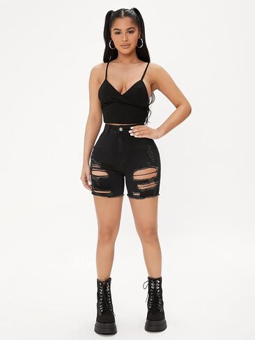MakeMeChic Women's Petite Ripped Skinny Jean Shorts High Waist Stretch Distressed Rolled Denim Shorts in Saudi Arabia