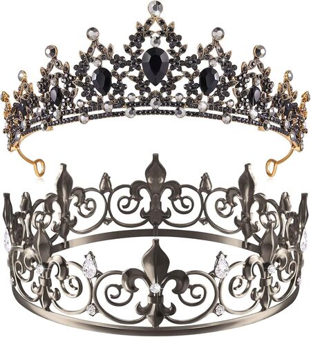 King Crown 2 Pcs Royal King Crown Metal Crystal Tiara Crown for Men Women Bridegroom Bride Princess for Wedding Halloween in Saudi Arabia