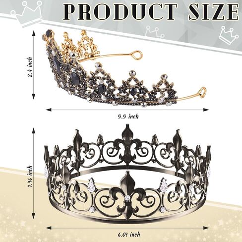 King Crown 2 Pcs Royal King Crown Metal Crystal Tiara Crown for Men Women Bridegroom Bride Princess for Wedding Halloween in Saudi Arabia