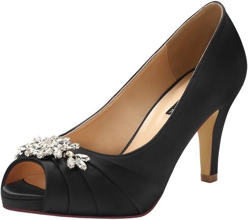 ERIJUNOR Peep Toe Mid Heels for Woman Rhinestones Satin Evening Prom Wedding Shoes in Kuwait