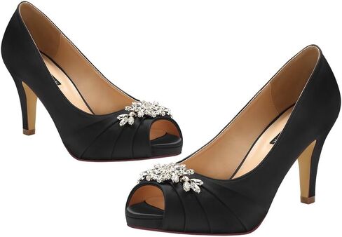 ERIJUNOR Peep Toe Mid Heels for Woman Rhinestones Satin Evening Prom Wedding Shoes in Kuwait