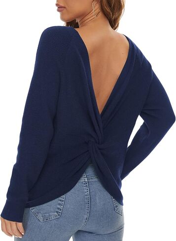 LILBETTER Women's Long Sleeve Loose Criss Cross Twisted Back Pullover Knit Jumper Sweaters in Kuwait