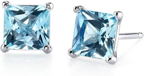 Peora Solid 14K White Gold Swiss Blue Topaz Earrings for Women, 2.50 Carat total Princess Cut, Genuine Gemstone Birthstone Solitaire, Friction Back in Saudi Arabia