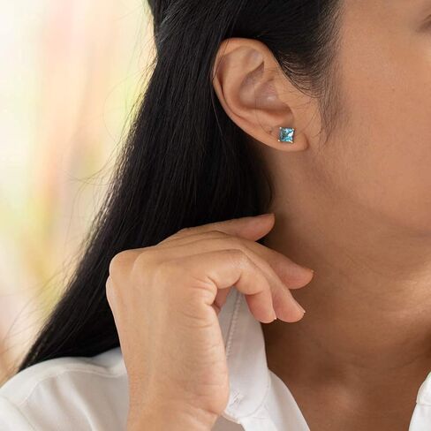 Peora Solid 14K White Gold Swiss Blue Topaz Earrings for Women, 2.50 Carat total Princess Cut, Genuine Gemstone Birthstone Solitaire, Friction Back in Saudi Arabia