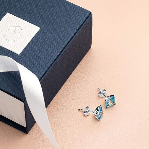 Peora Solid 14K White Gold Swiss Blue Topaz Earrings for Women, 2.50 Carat total Princess Cut, Genuine Gemstone Birthstone Solitaire, Friction Back in Saudi Arabia