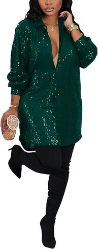 Women's Sequin Button Down Shirt Dress Long Sleeve Loose Fit Blouse Top Mini Dress Party Sexy Clubwear in Saudi Arabia
