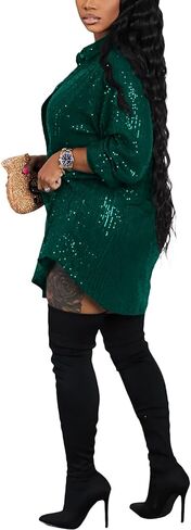 Women's Sequin Button Down Shirt Dress Long Sleeve Loose Fit Blouse Top Mini Dress Party Sexy Clubwear in Saudi Arabia