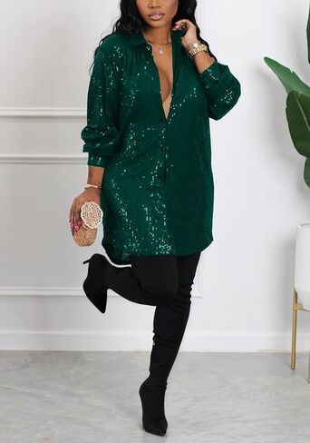 Women's Sequin Button Down Shirt Dress Long Sleeve Loose Fit Blouse Top Mini Dress Party Sexy Clubwear in Saudi Arabia