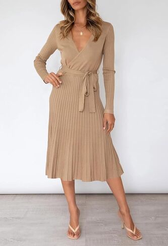 فستان سترة نسائي من VamJump برقبة على شكل حرف V وأكمام طويلة بطيات متوسطة الطول مع حزام in Kuwait