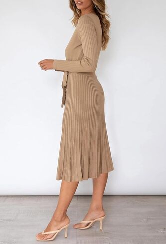 فستان سترة نسائي من VamJump برقبة على شكل حرف V وأكمام طويلة بطيات متوسطة الطول مع حزام in Kuwait