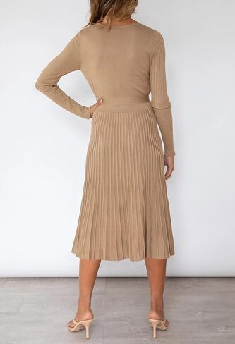 فستان سترة نسائي من VamJump برقبة على شكل حرف V وأكمام طويلة بطيات متوسطة الطول مع حزام in Kuwait