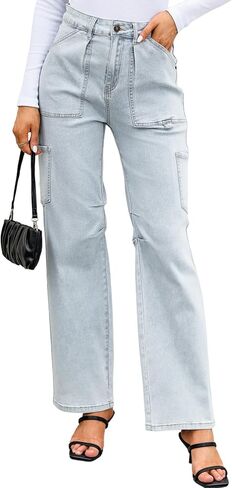 Dokotoo Women 6 Pockets High Waisted Cargo Pants Wide Leg Casual Pants Combat Military Trouser US 4-18 in Kuwait