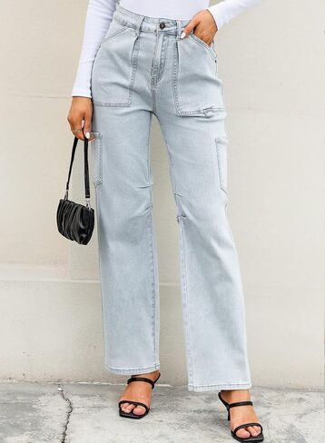 Dokotoo Women 6 Pockets High Waisted Cargo Pants Wide Leg Casual Pants Combat Military Trouser US 4-18 in Kuwait