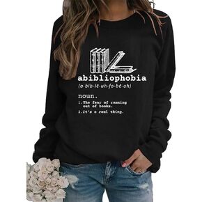 QYZ-Top Abibliophobia Reading Sweatshirt Womens Funny Vintage Long Sleeve Shirts Crewneck Graphic Pullover Book Lover Gift