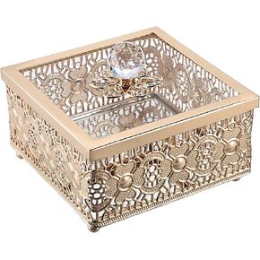 Hipiwe Hollow-carved Metal Jewelry Box with Glass Lid, Gold Mirrored Trinket Organizer Square Treasure Box for Ring Earrings Necklace, Christmas Birthday Gift for Women Girls in Kuwait