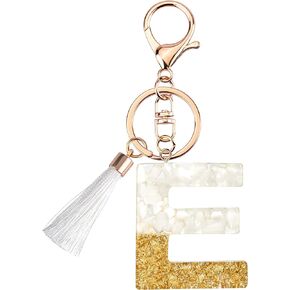 Suweibuke Cute Beige Key Chains for Women Girls, Initial Letter Keychains with White Tassel, Charms for Key Handbag Backpack