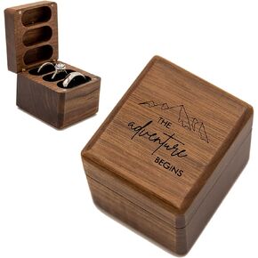 MUUJEE The Adventure Begins 3 Slot Ring Box - Engraved Triple Wooden Ring Case Box for Wedding Ceremony Ring Bearer Box - Birthday Gift Ideas