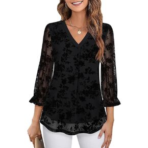 Youtalia Women's Ruffle 3/4 Sleeve Tunic Tops Floral Blouses Casual Double Layers V Neck Dressy Shirts in Kuwait