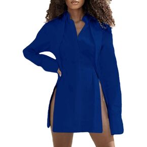 بلوزة نسائية LYANER بياقة على شكل حرف V وأكمام طويلة وأزرار سفلية وحاشية طويلة in Kuwait