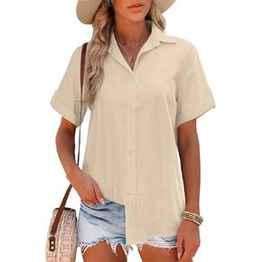 Pausus Women Cotton Linen Button Down Shirts Short Sleeve Office Collared Blouses V Neck Casual Tops Loose Fit Beach Shirts
