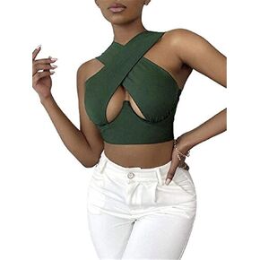 Women Sexy Halter Crisscross Tank Crop Top Sleeveless Basic Solid Color Cut Out Cami Vest Summer Camisole Y2k Fashion