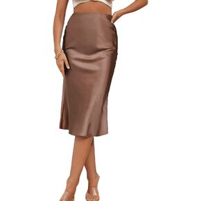LYANER Women's Satin Silk High Waist Side Zipper Up Ruffle Hem Flared Midi Skirt