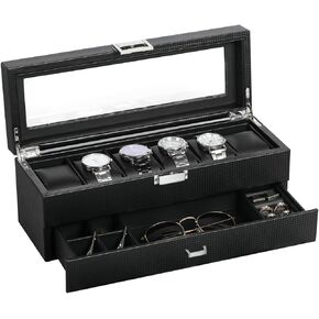 BASTUO Watch Box for Men, 24 Slots Luxury Watch Case Display Organizer, Jewelry Box with Carbon Fiber Design, Men's Storage Holder Boxes with Glass Top & Leather Pillows, Black