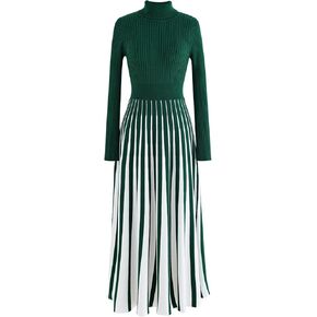 CHICWISH Women's Stripe Print Turtleneck Knit Midi Dress
