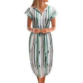 TEMOFON Women's Dresses Summer Floral Geometric Pattern Short Sleeve Midi V-Neck Casual Dress with Belt S-2XL in Saudi Arabia