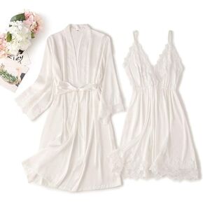 LDMPWGMD 2PCS Women Lace Trim Silk Nightgown and Robe Set for Women Soft Loose Bathrobe Sexy Bride Nigthgowns