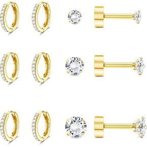 FASACCO 14K Flat Back Cartilage Earrings Set for Multiple Piercing Silver Gold Earrings Set Cartilage Hoop Stud Earrings