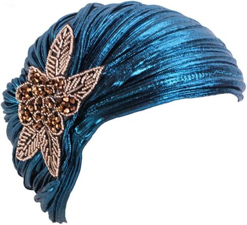 CHUANGLI Women's 20S Gatsby Turban Hat Noble Ruffle Glitter Pleated Stretch Head Wraps Chemo Cap in Kuwait