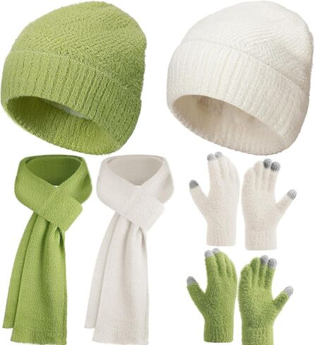 Hoosige 2 Sets Women Winter Warmer Set Warm Hat Beanie Touchscreen Gloves Long Scarf Knit Skull Caps Thermal Gloves Neck Scarves for Women Men in Kuwait