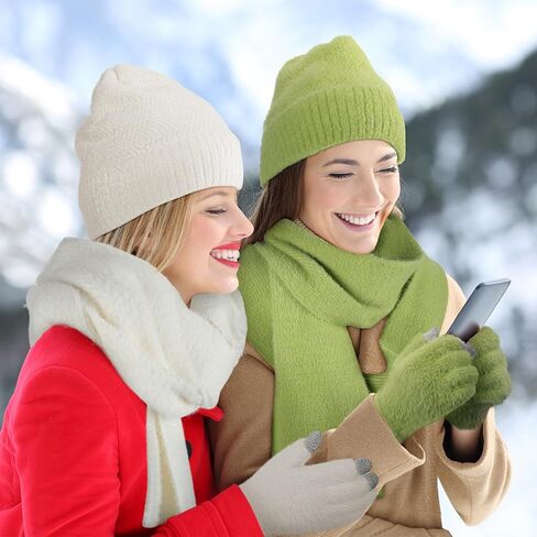 Hoosige 2 Sets Women Winter Warmer Set Warm Hat Beanie Touchscreen Gloves Long Scarf Knit Skull Caps Thermal Gloves Neck Scarves for Women Men in Kuwait