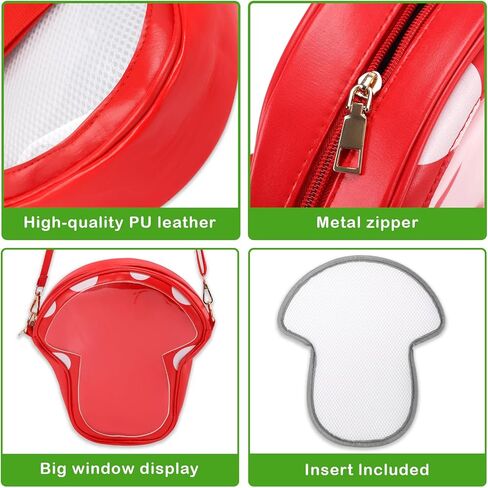 شنطة كروس ايتا بتصميم فطر لطيف من ايكوديس، شنطة كتف مع شنطة شفافة لعرض الانيمي (لا تتضمن دبابيس)، احمر، 12.60 × 11.42 × 1.77 انش in Kuwait