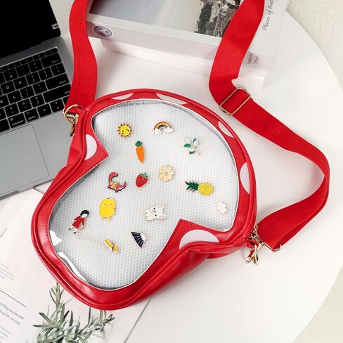 شنطة كروس ايتا بتصميم فطر لطيف من ايكوديس، شنطة كتف مع شنطة شفافة لعرض الانيمي (لا تتضمن دبابيس)، احمر، 12.60 × 11.42 × 1.77 انش in Kuwait